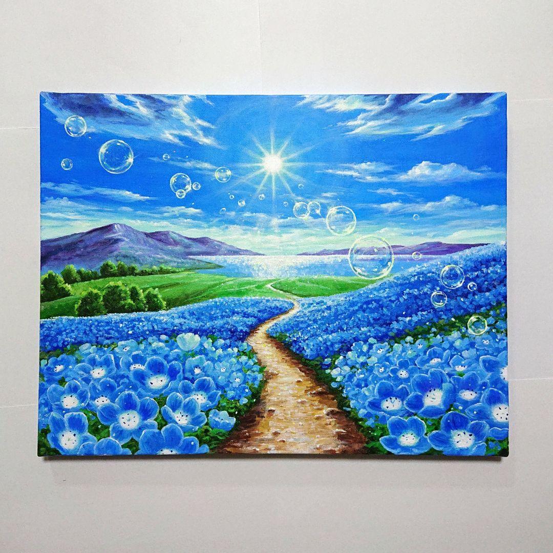 【ネモフィラが続く道】アクリル画 F6 風景画 絵画