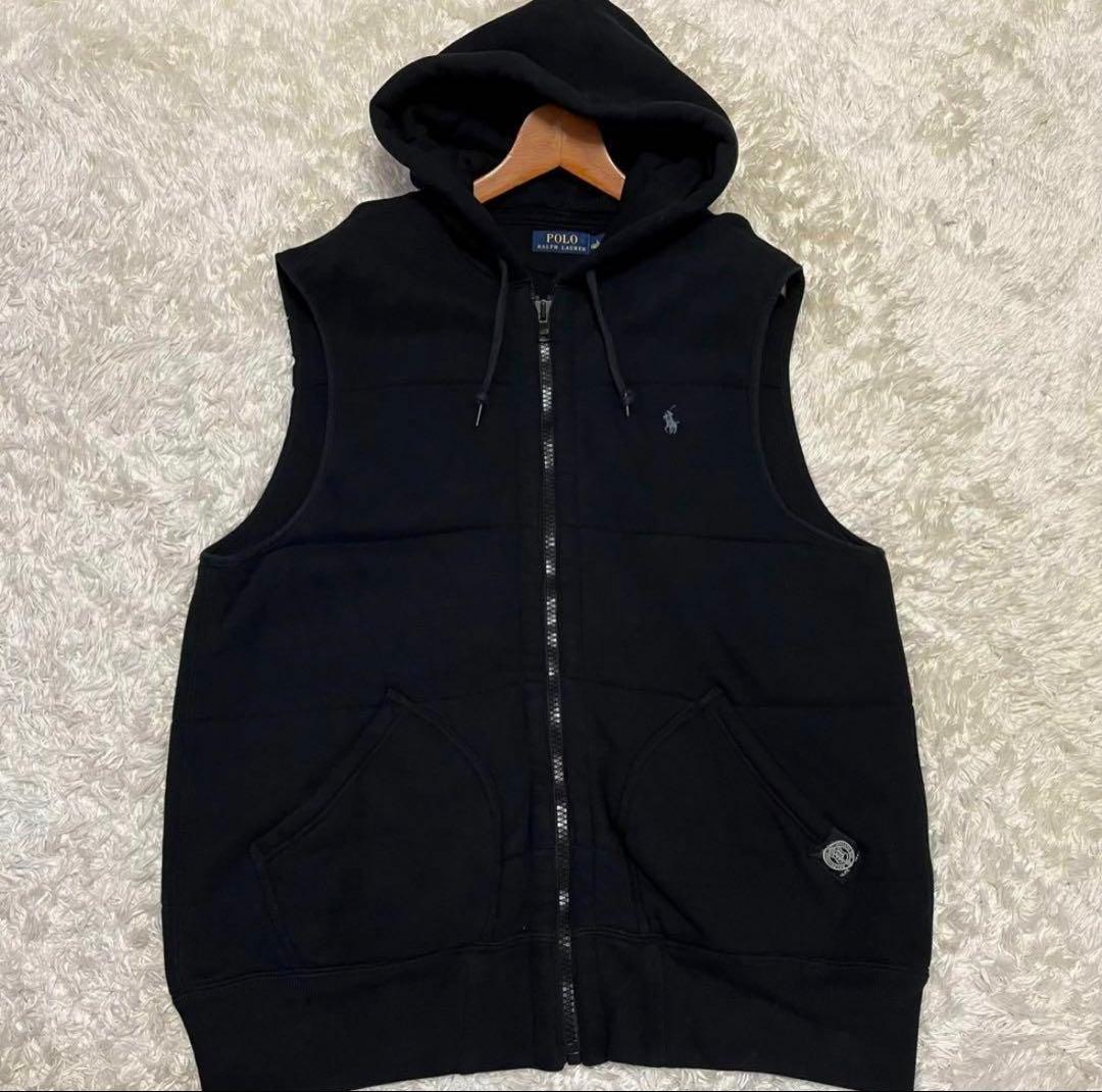 Lサイズ【ポロラルフローレン】ニット中綿ベスト ホースロゴ刺繍 黒フード
