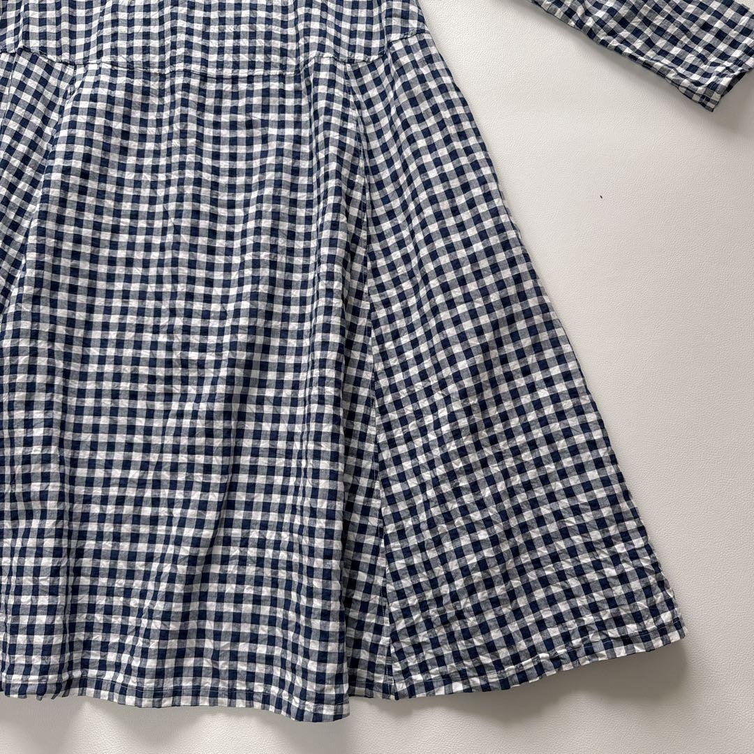 【人気】45R クシュクシュギンガムチェックのドレス リネン ロング ネイビー