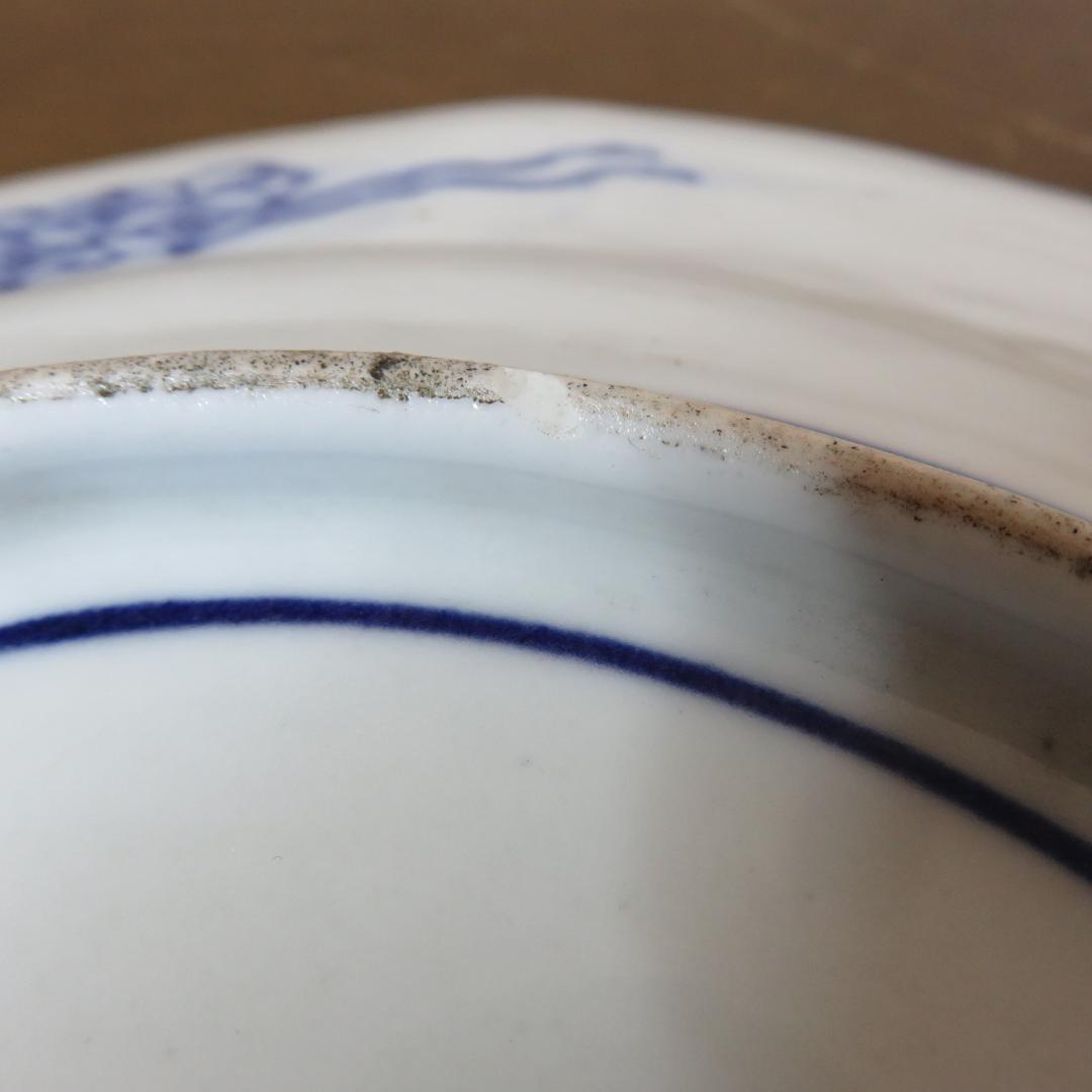 印判 変形八角皿 角皿 変形皿 明治 大正 鶴 松 波 龍 宝