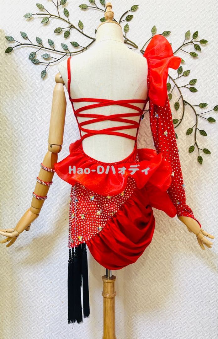 新品★ラテンドレス★フリル★赤黒フリンジ★社交ダンス★競技
