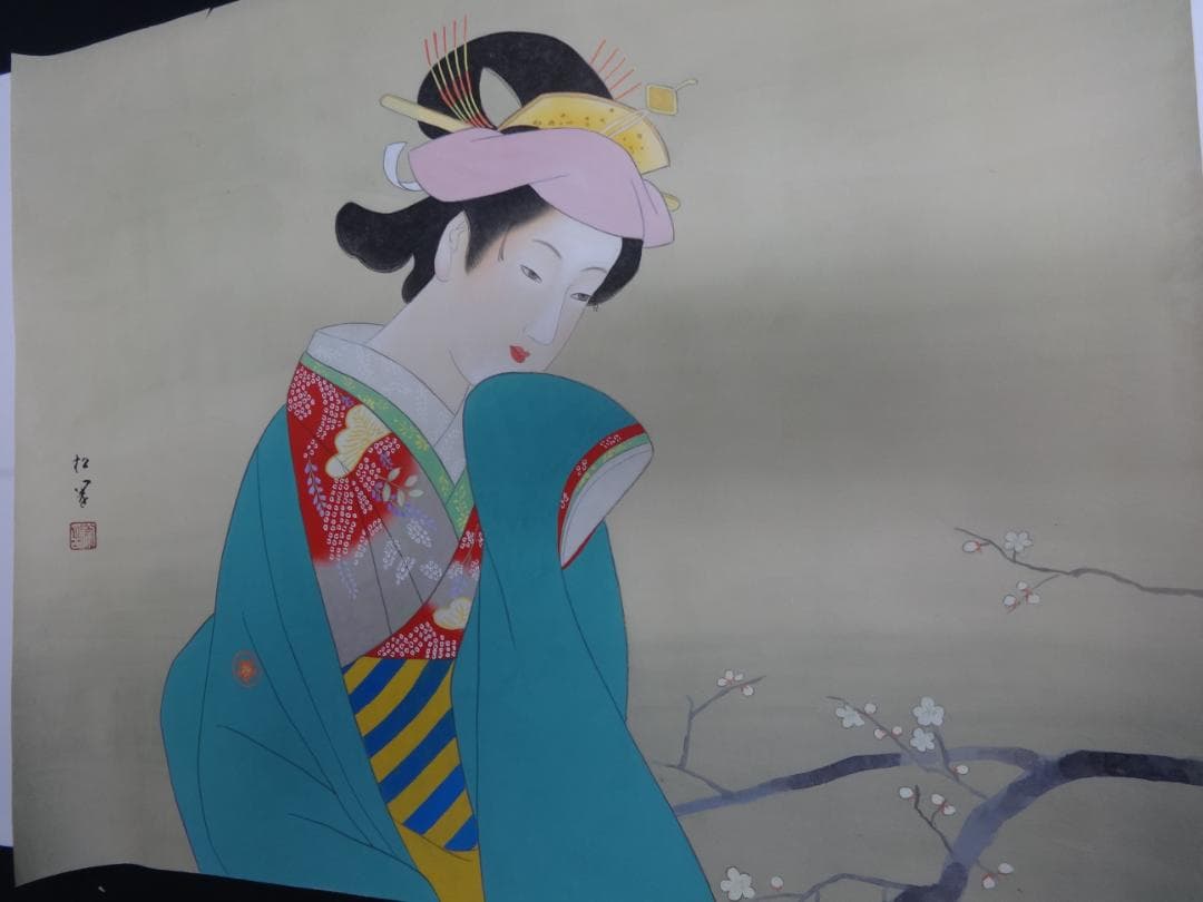 S*o様 上村松園 花見 梅 水彩画 1922年代 紙本著色 肉筆 浮世絵