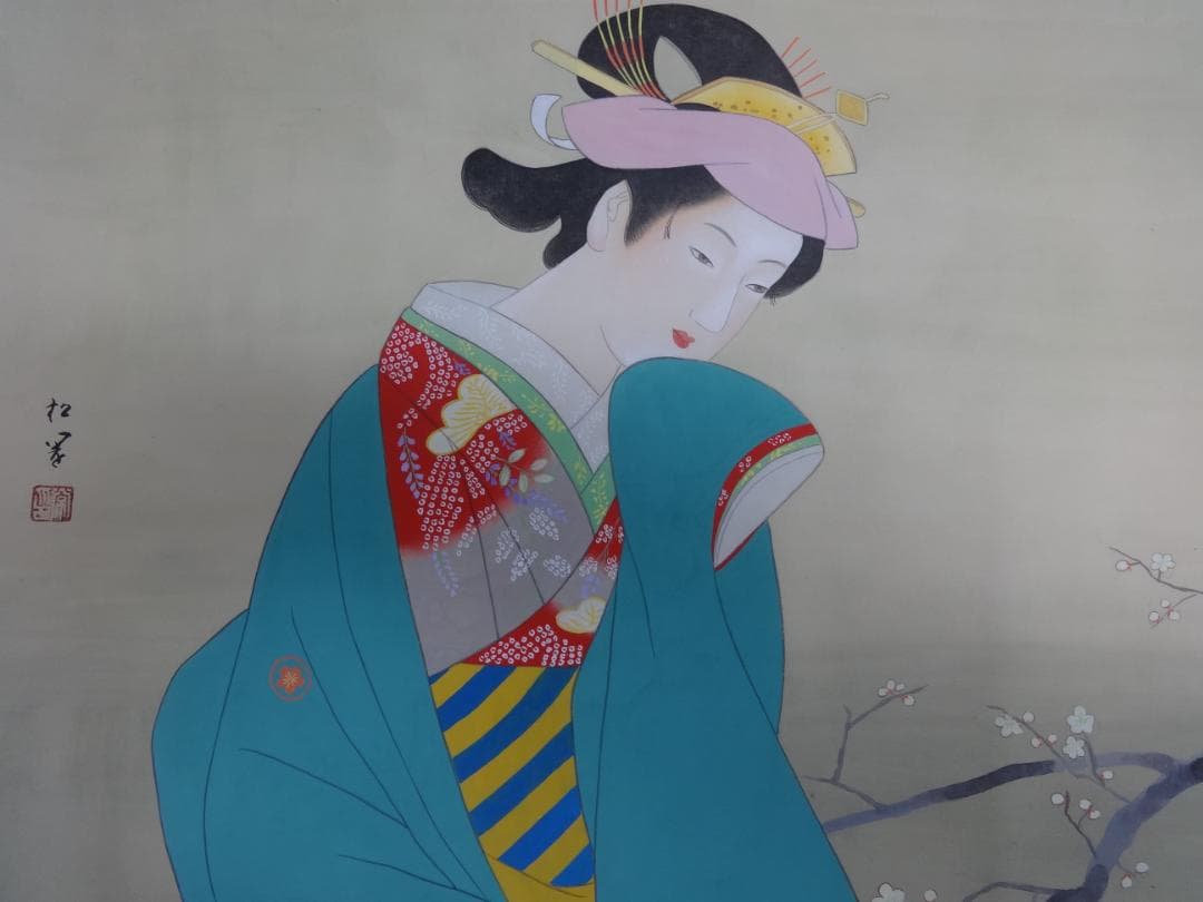 S*o様 上村松園 花見 梅 水彩画 1922年代 紙本著色 肉筆 浮世絵