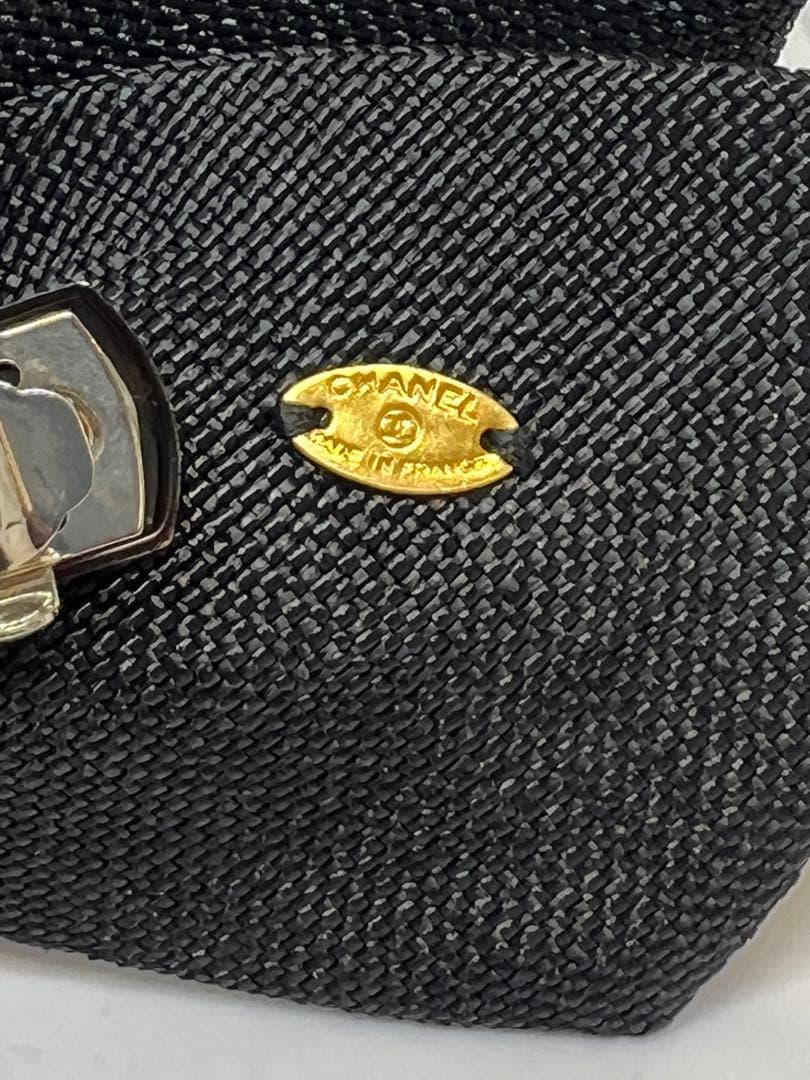 【美品】CHANELリボンバレッタ✴︎鼈甲風ロゴ 麻リボン ブラック