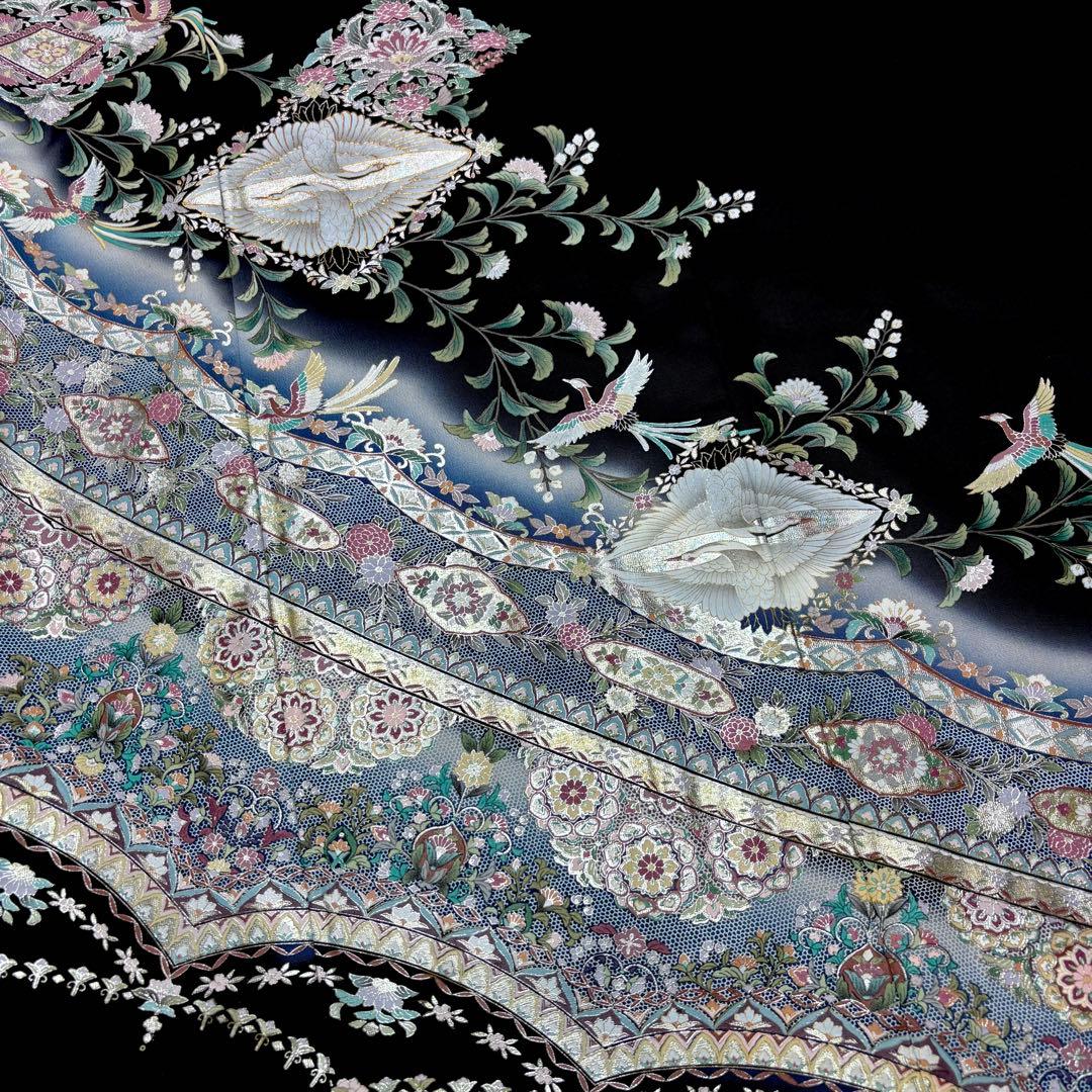 蒼空(そら)　着物リメイクワンピース　黒留袖ドレス　リピ割　フレア袖　双鶴