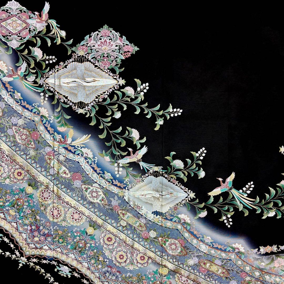 蒼空(そら)　着物リメイクワンピース　黒留袖ドレス　リピ割　フレア袖　双鶴