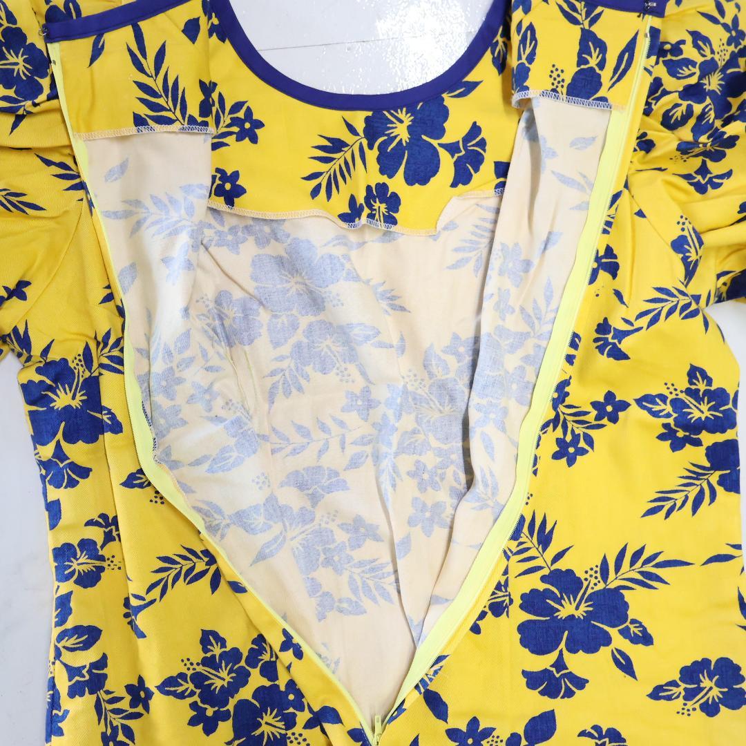 【美品 フラダンス用衣装】イエロー×ブルー ワンピースドレス ハイビスカス柄