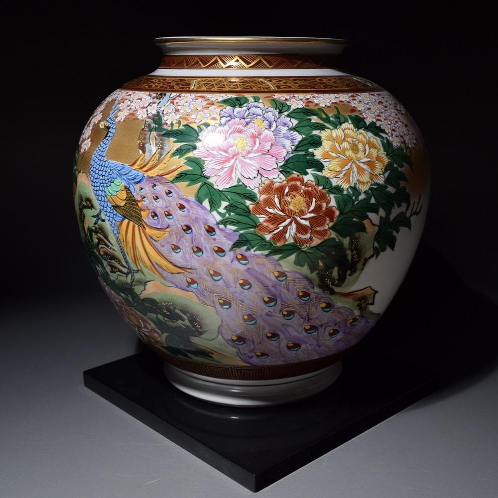 九谷焼 光崖窯 金彩孔雀牡丹図花瓶 花器 花生 花入 花台 共箱 骨董