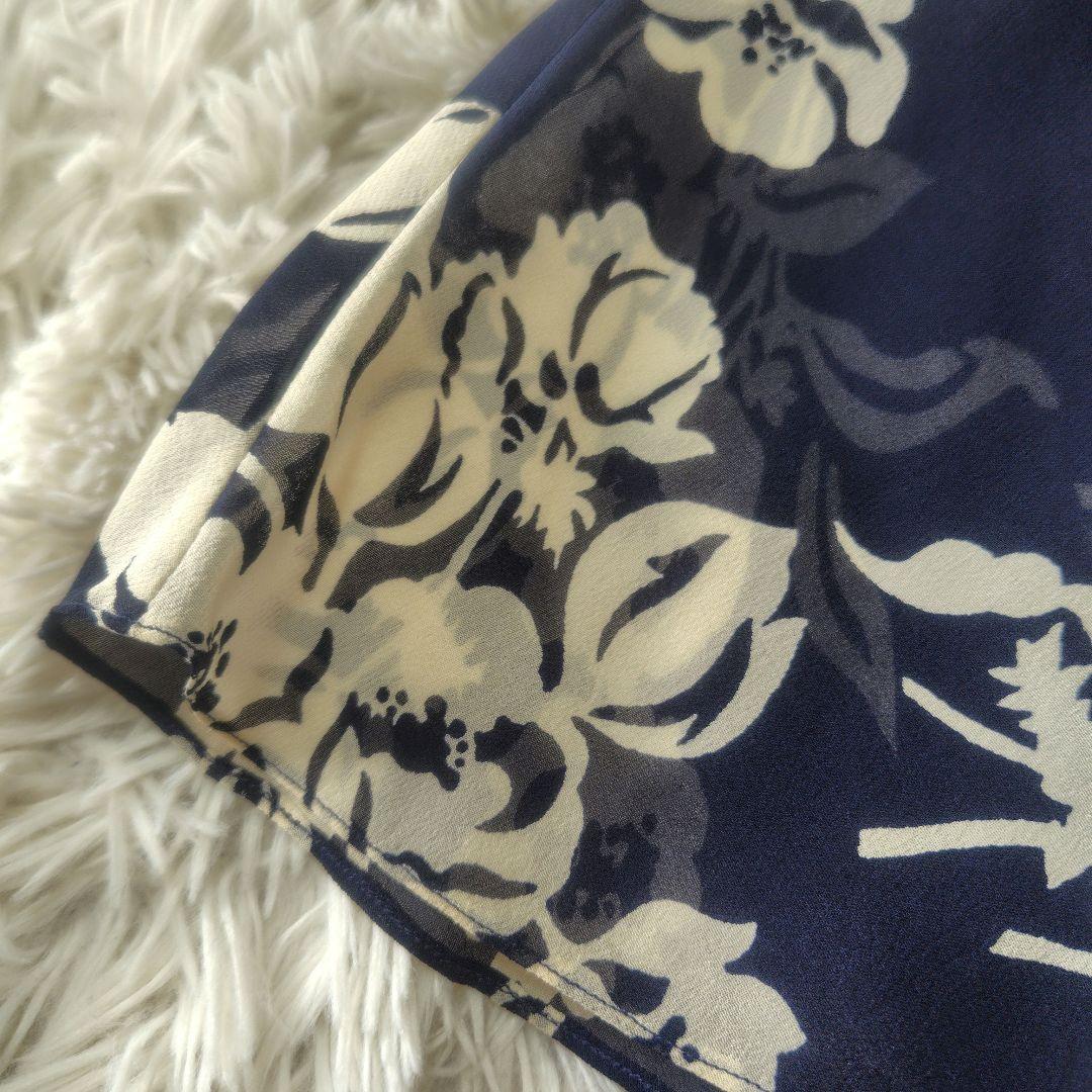【極美品♡シルク100%】ラルフローレン　フローラルシフォンワンピース　紺　9