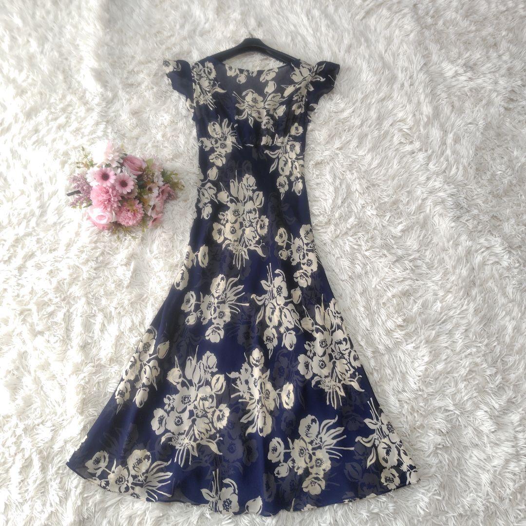 【極美品♡シルク100%】ラルフローレン　フローラルシフォンワンピース　紺　9
