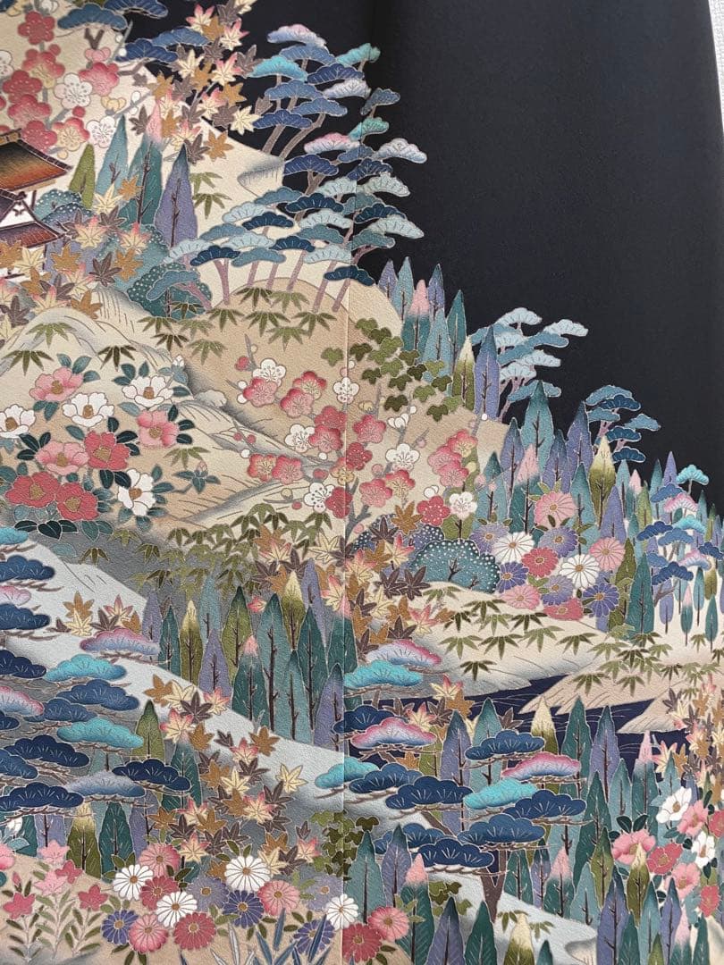 留袖ワンピース　留袖ドレス　着物リメイクロングワンピース　ハンドメイド　黒留袖