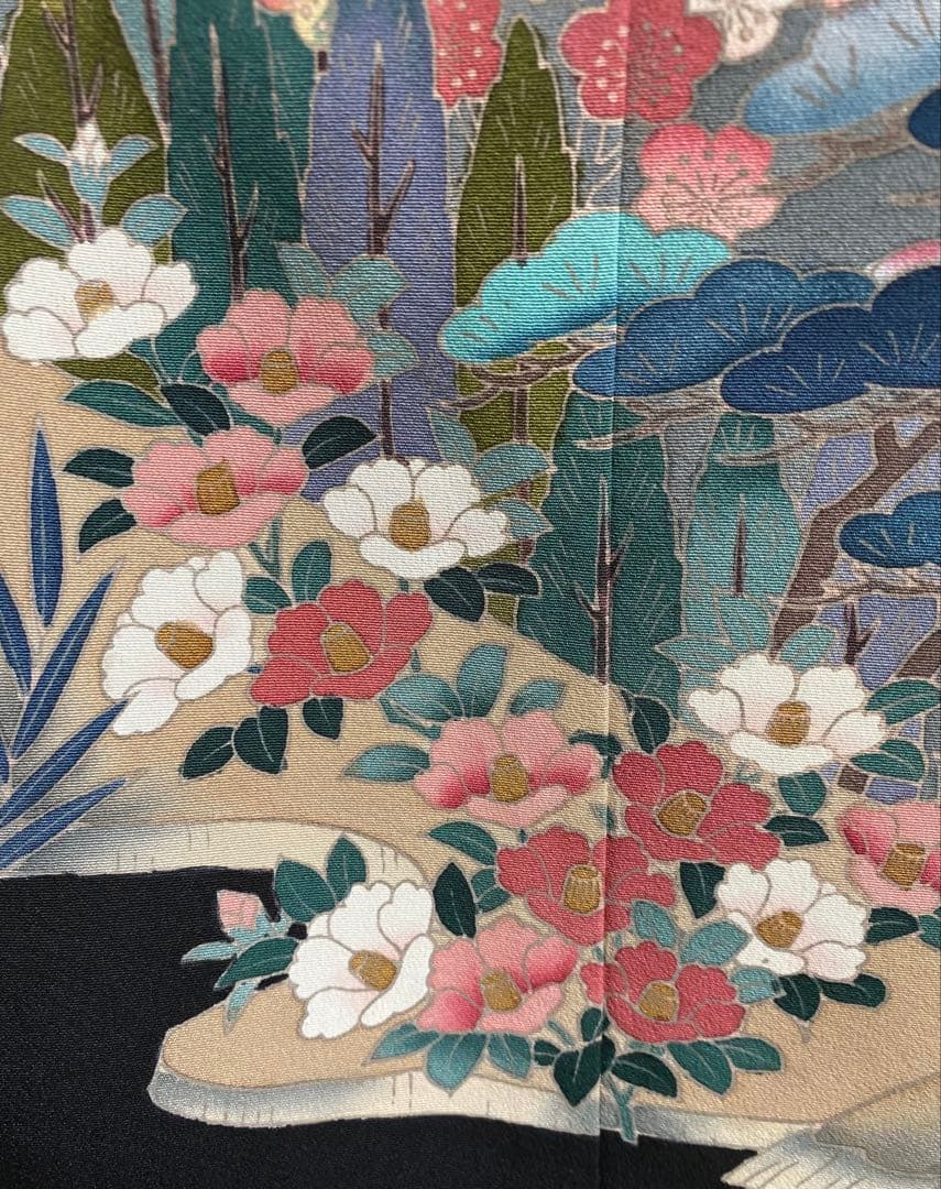 留袖ワンピース　留袖ドレス　着物リメイクロングワンピース　ハンドメイド　黒留袖