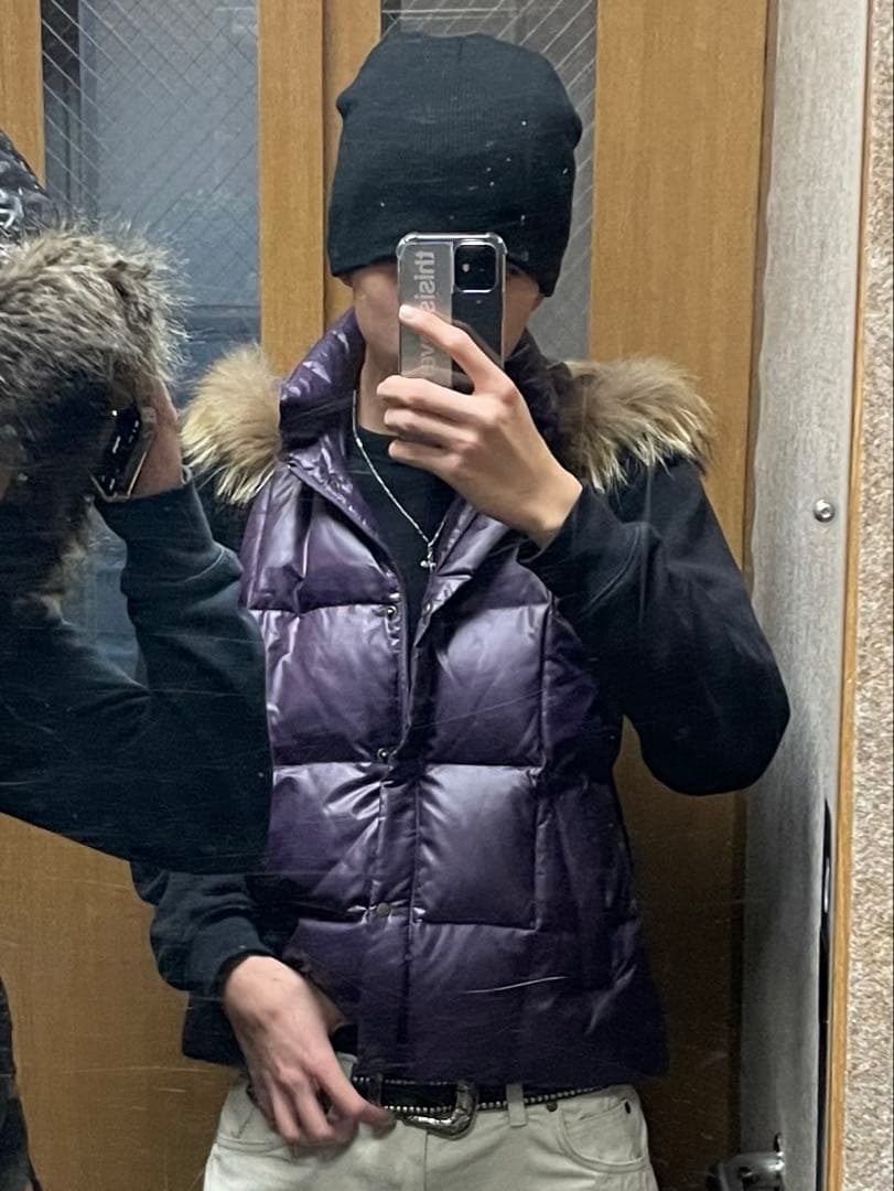 ファーダウンベスト　光沢　紫　パープル　y2k 平成　ファー、フード取り外し可能