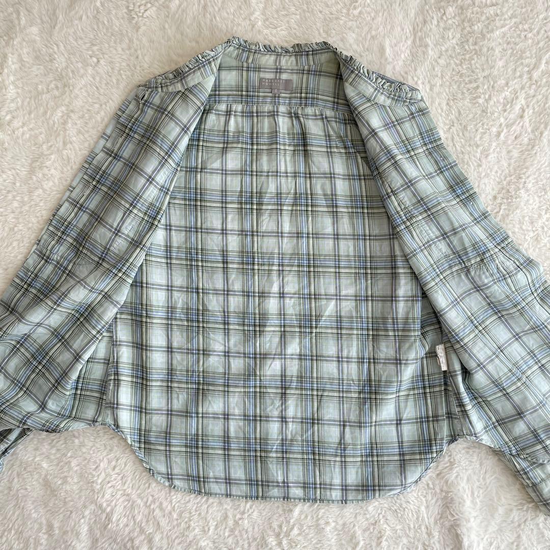 マーガレットハウエル フリル チェック シャツ コットン ミント M ブラウス