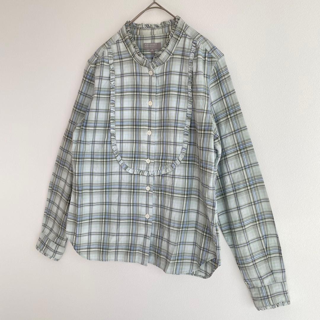 マーガレットハウエル フリル チェック シャツ コットン ミント M ブラウス