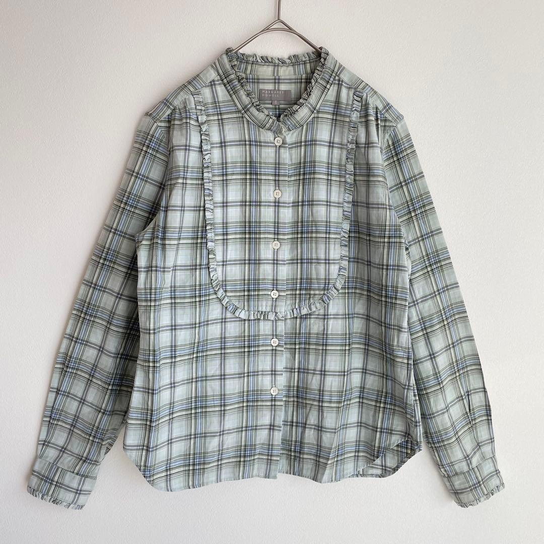 マーガレットハウエル フリル チェック シャツ コットン ミント M ブラウス