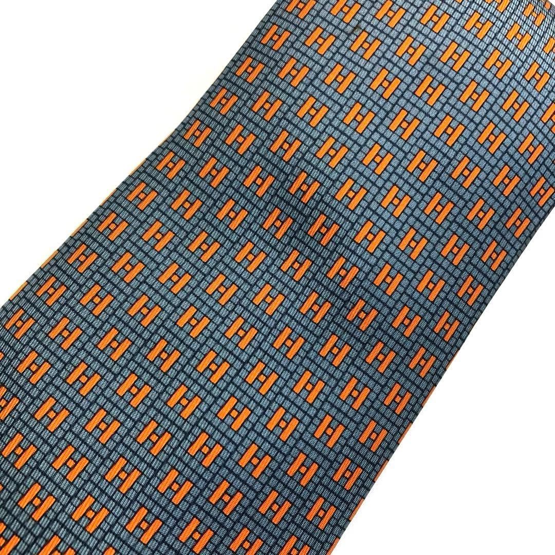 美品✨　HERMES エルメス　ネクタイ　グレー　オレンジ　H柄　シルク　箱付き