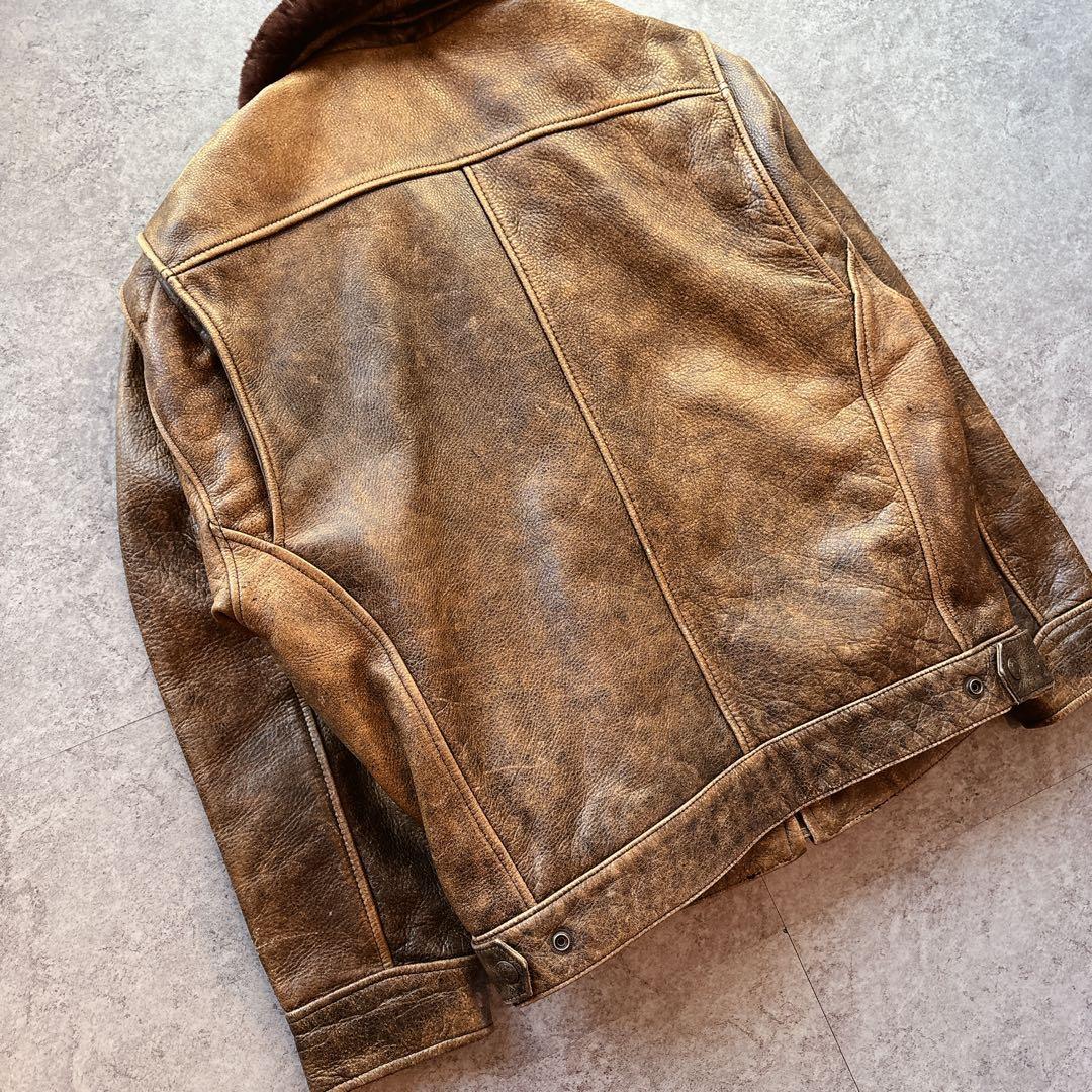 本革 ボア襟 レザージャケット 中綿 短丈 M ヴィンテージ
