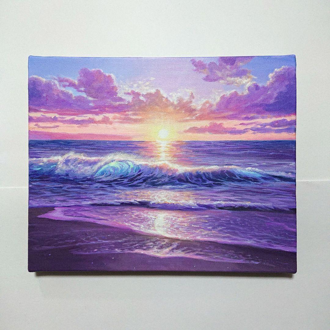 【夕闇が迫る時】アクリル画 F3 風景画 絵画 海の絵