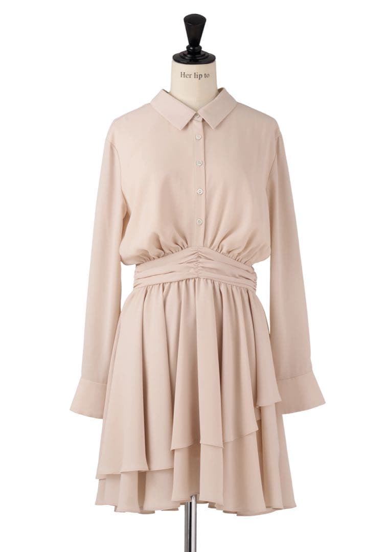 ベージュ 長袖シャツドレス ウエストシャーリング