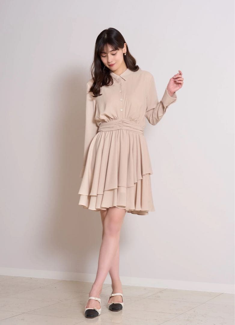 ベージュ 長袖シャツドレス ウエストシャーリング