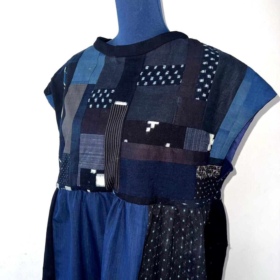 ✴︎藍染木綿ワンピース✳︎古布リメイク✴︎絣＊藍染パッチワーク＊ゆったり＊