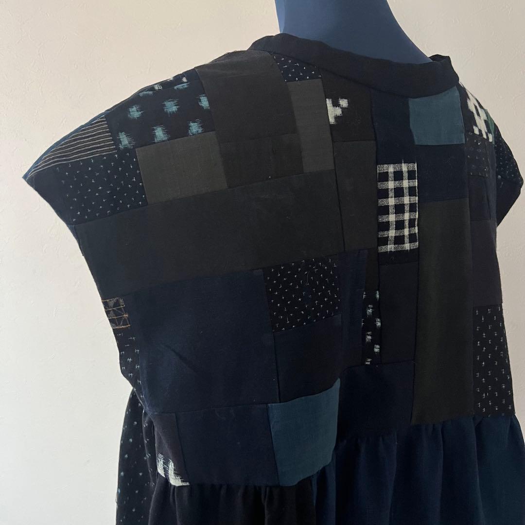✴︎藍染木綿ワンピース✳︎古布リメイク✴︎絣＊藍染パッチワーク＊ゆったり＊