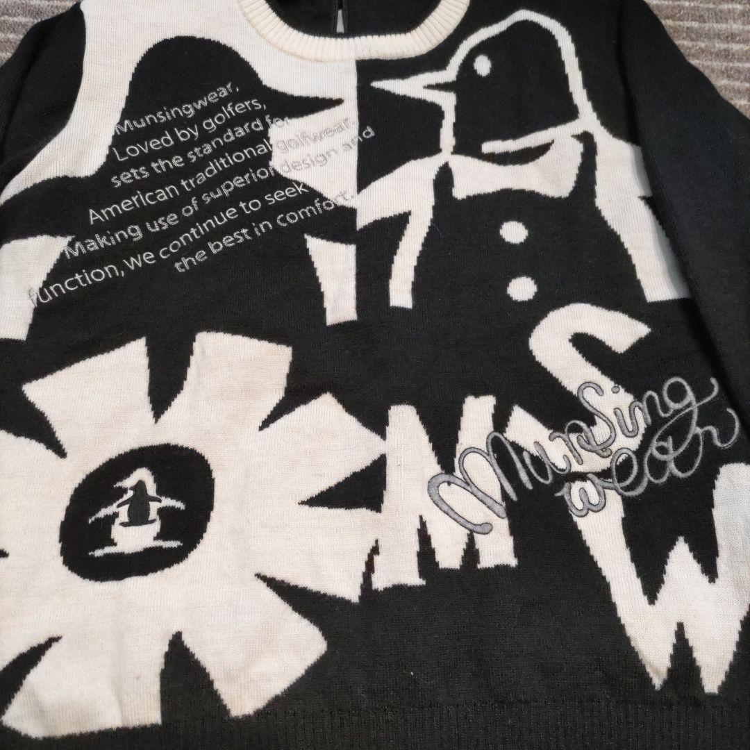 マンシングウェア　ニット　フリーサイズ　黒×オフホワイト　美品　裏地付