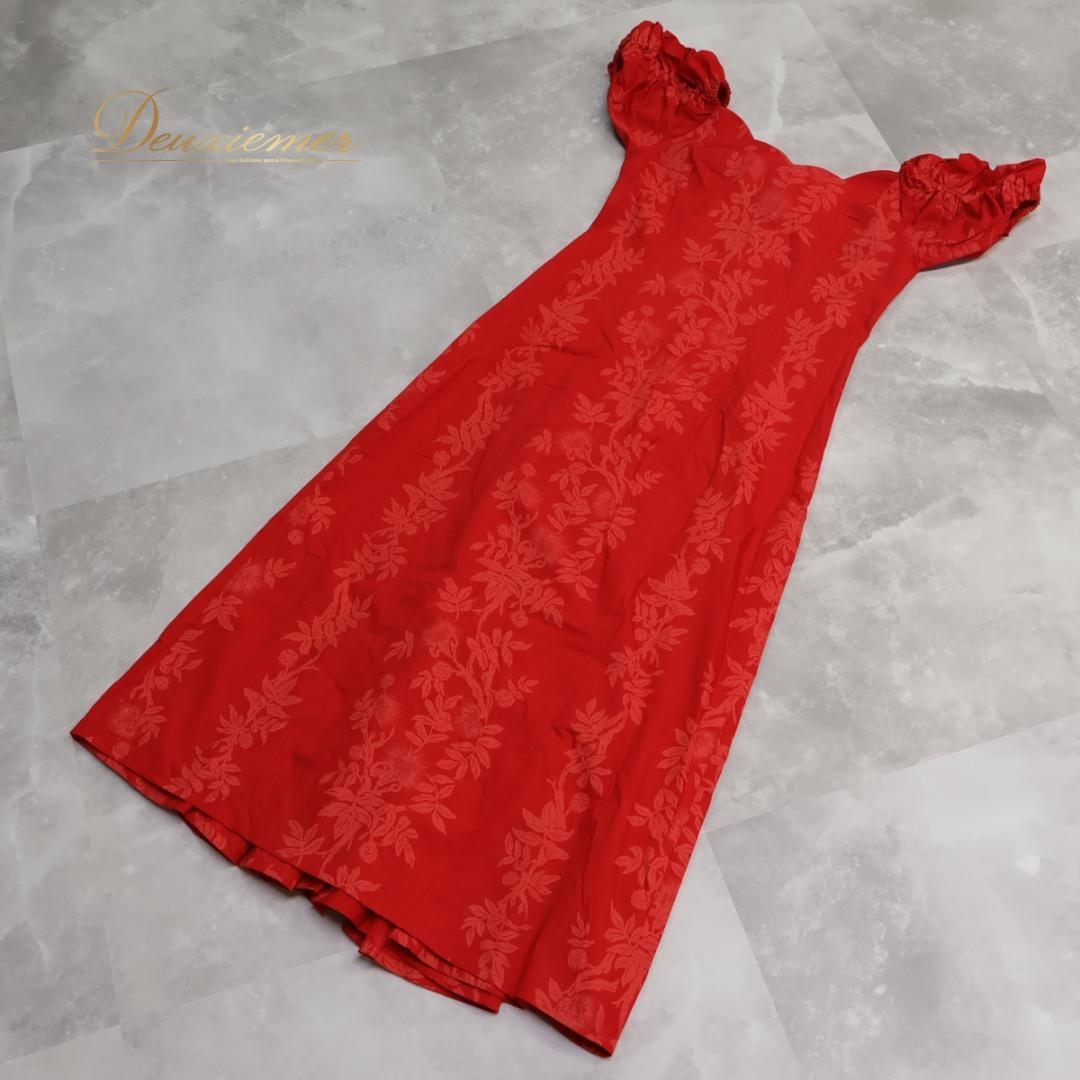 【フラダンス衣装】レッド MermaidLine ワンピース ドレス 赤 花柄