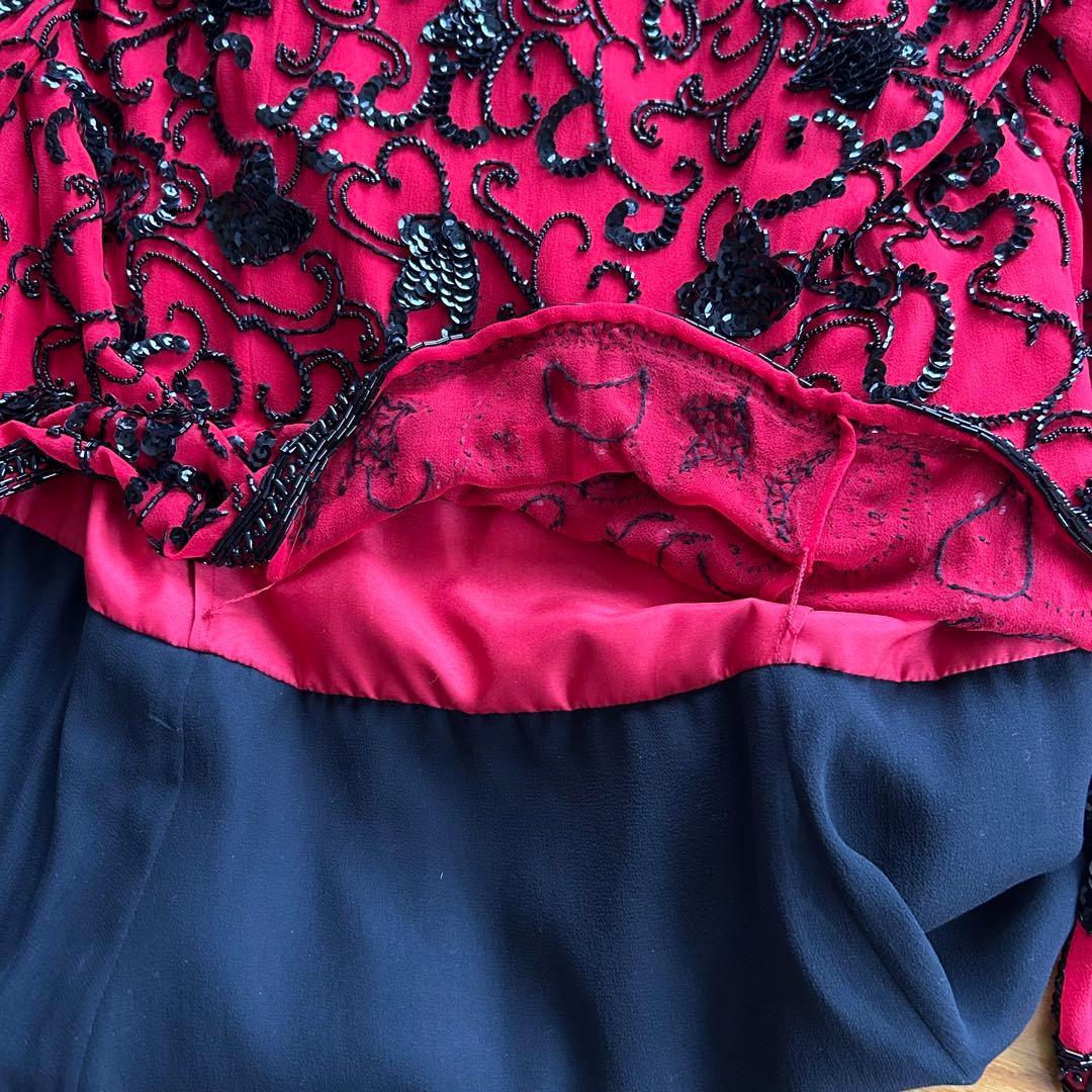 【新品】シルク100% 赤×黒 ビーズスパンコール装飾 マキシ丈ドレス ダンス