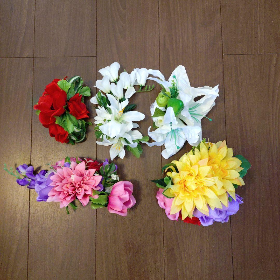 フラダンス スカート 紫 花柄と髪飾り6点