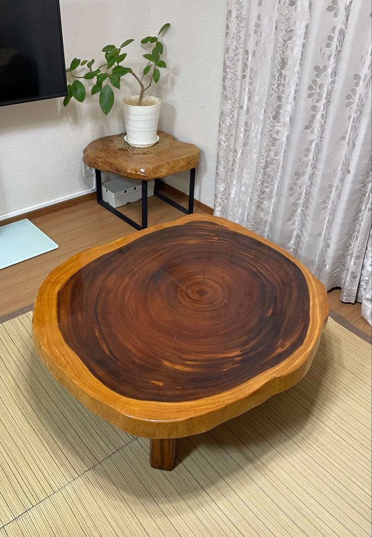 【福岡 引取】一枚板 テーブル モンキーポッド 輪切 座卓