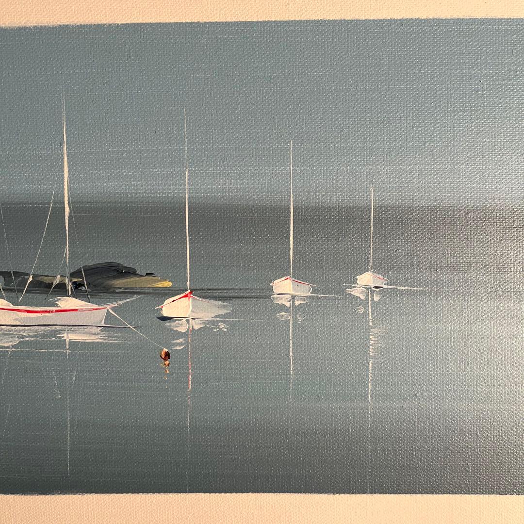 手書き油絵 ヨットハーバー 額付 絵画 インテリア 油彩画