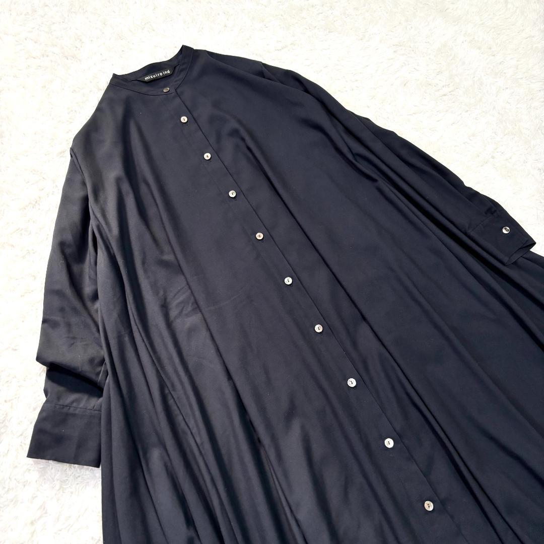 ミズイロインド T/Rスタンドカラーフレアワンピース 定価2.3万 ネイビー