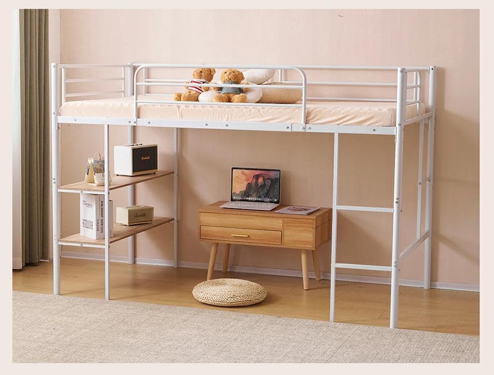 人気再入荷！収納棚付ロフトベッド（S） 北欧風 おしゃれ かわいい　WHITE