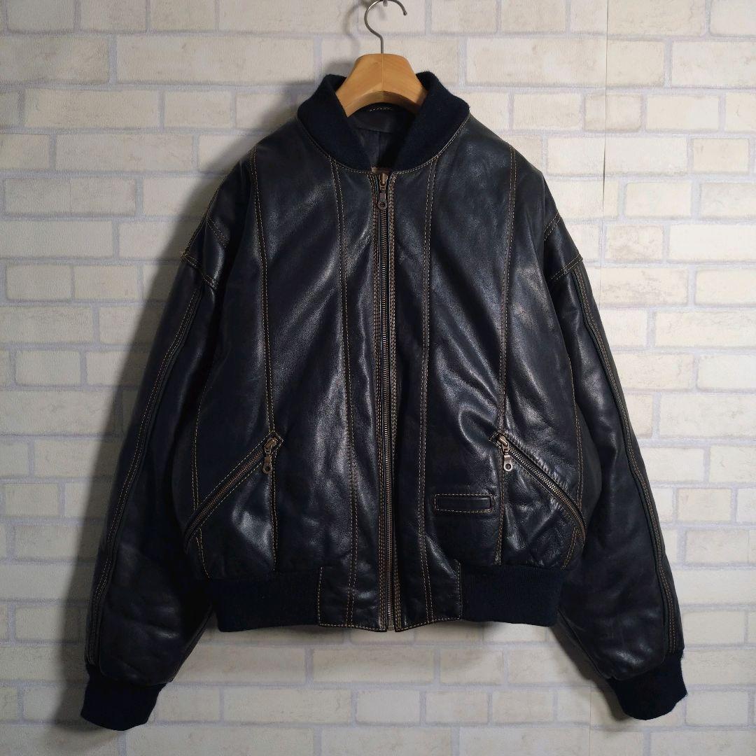 ヴィンテージ★総ステッチ リアルレザー 牛革 レザージャケット ネイビー M相当