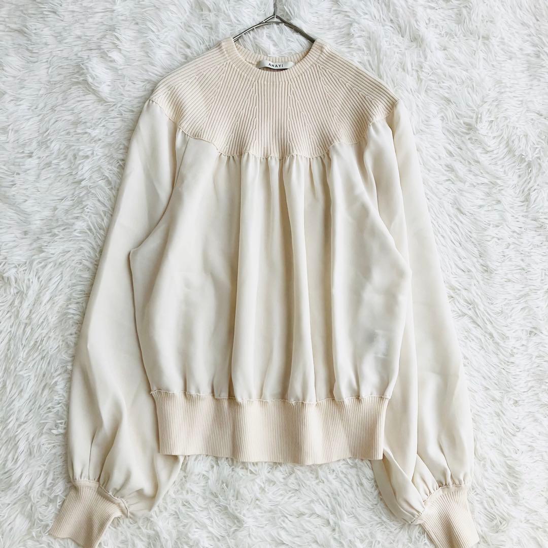 ANAYI ウールクルーネックドッキングプルオーバー　オフホワイト　38