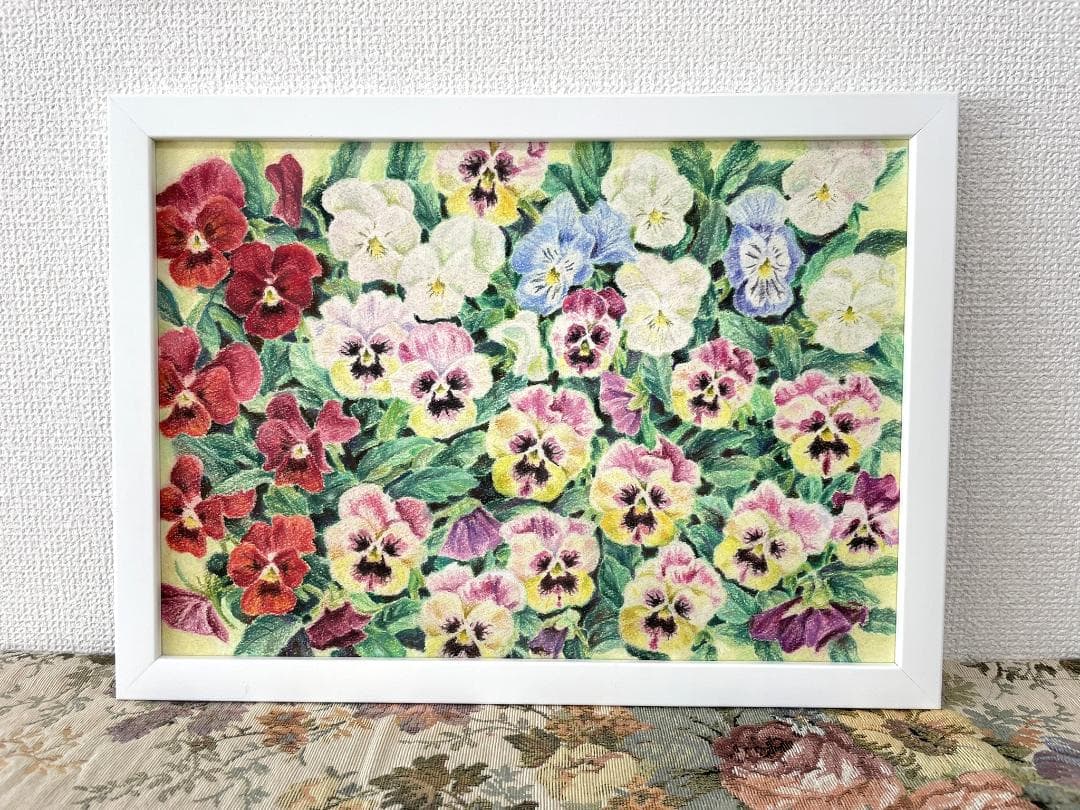 新作　パステル画「パンジー」（額縁入り）