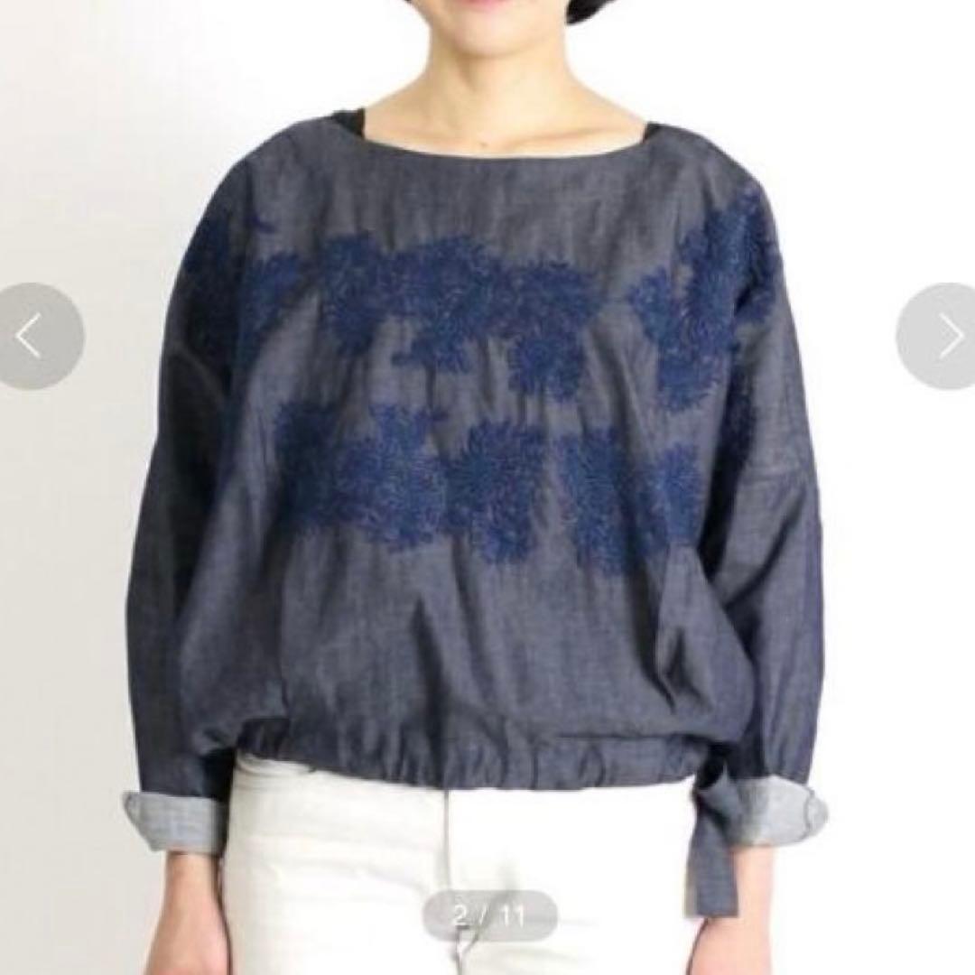 美品✨45R コットンフラワー刺繍リボンブラウス インディゴ ゆったり ドルマン