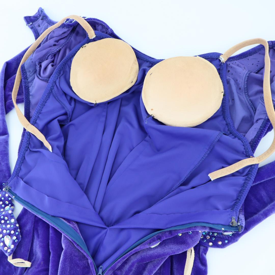 【美品社交ダンス衣装】豪華ラインストーン×パープルベロア ラテンドレス 胸パット