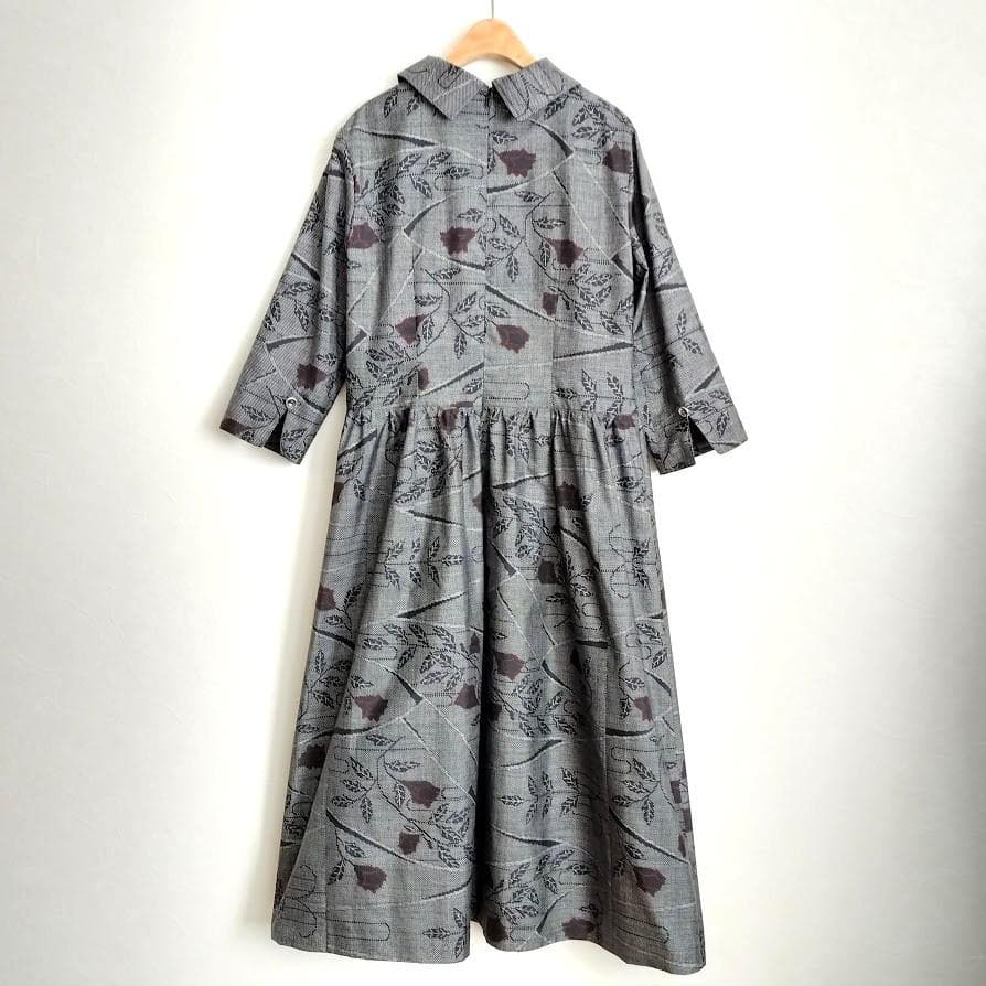 ★着物リメイク 大島紬　正絹　★衿付七分袖　ロングワンピース　一点物