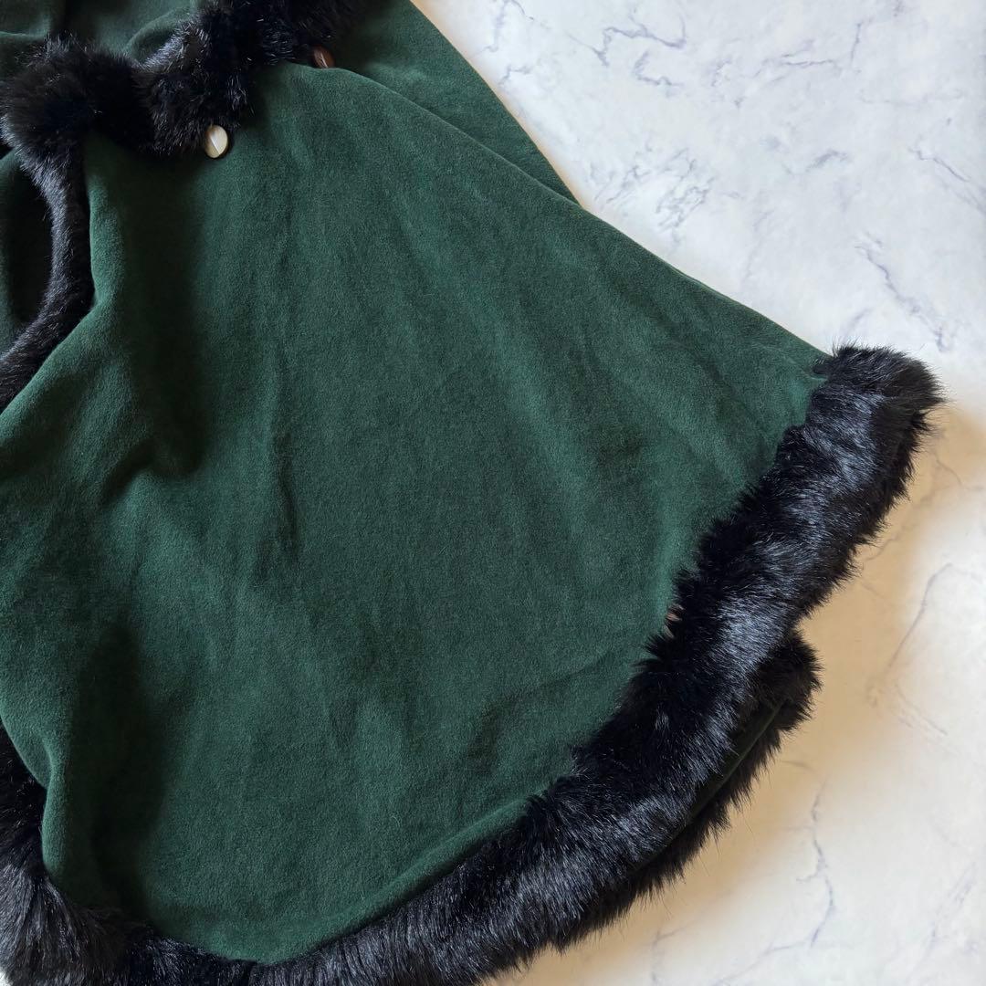 パリエンヌ　ファー付きポンチョ　ウール100% ケープコート◆6746