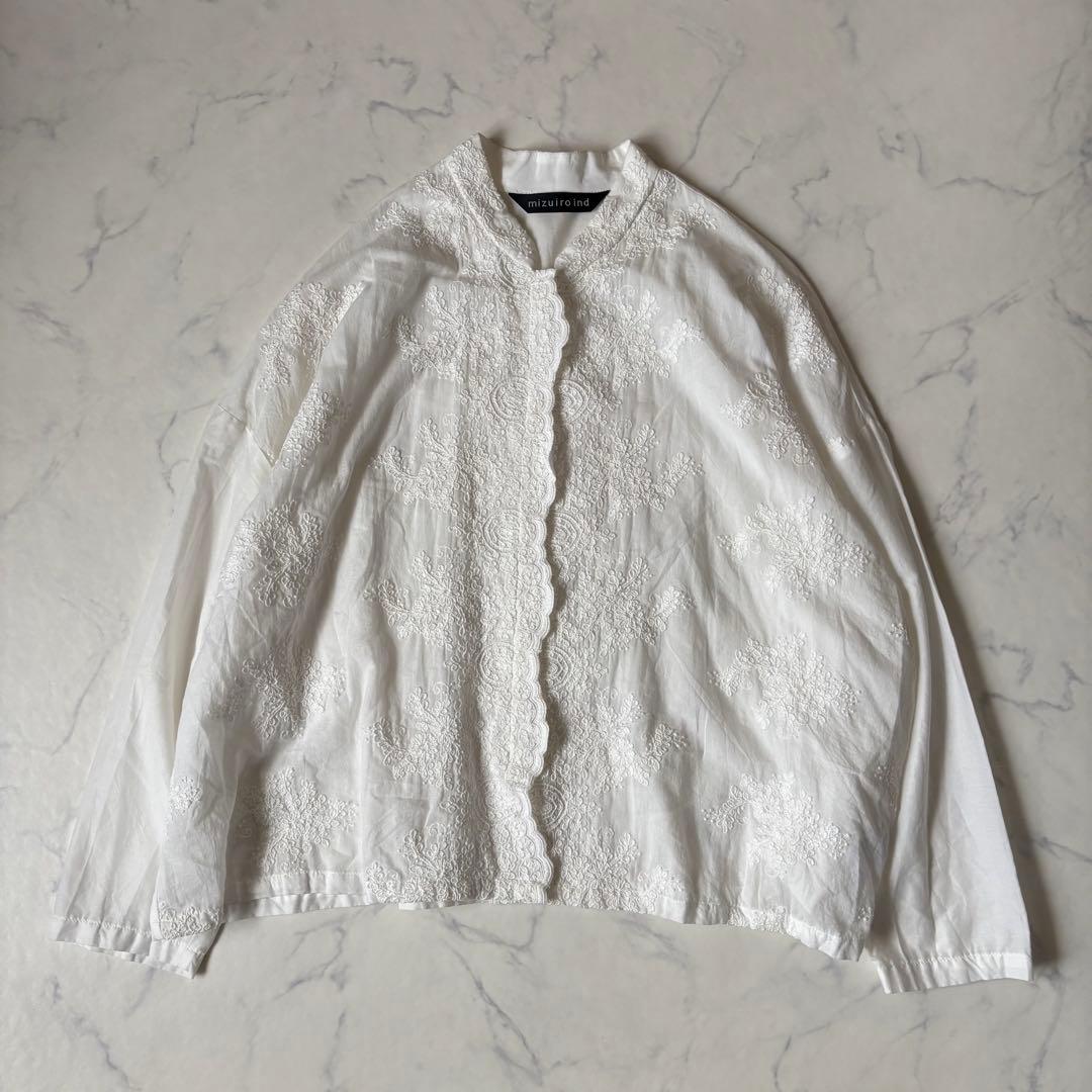 mizuiro ind レース スタンドカラーワイドシャツ ブラウス コットン