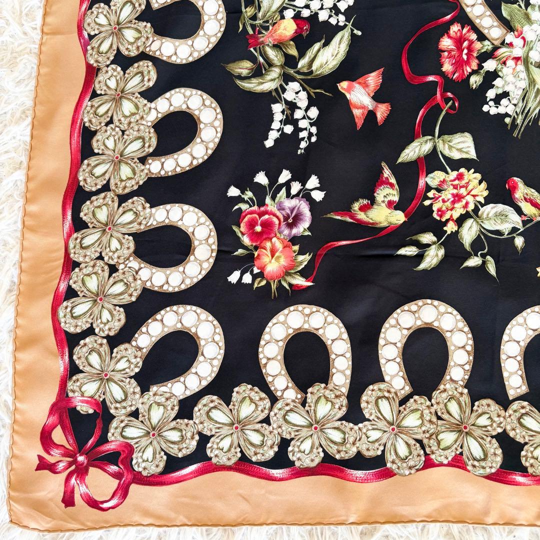 【美品】ディオール 大判シルク スカーフ Diorロゴ 花 鳥 トンボ リボン