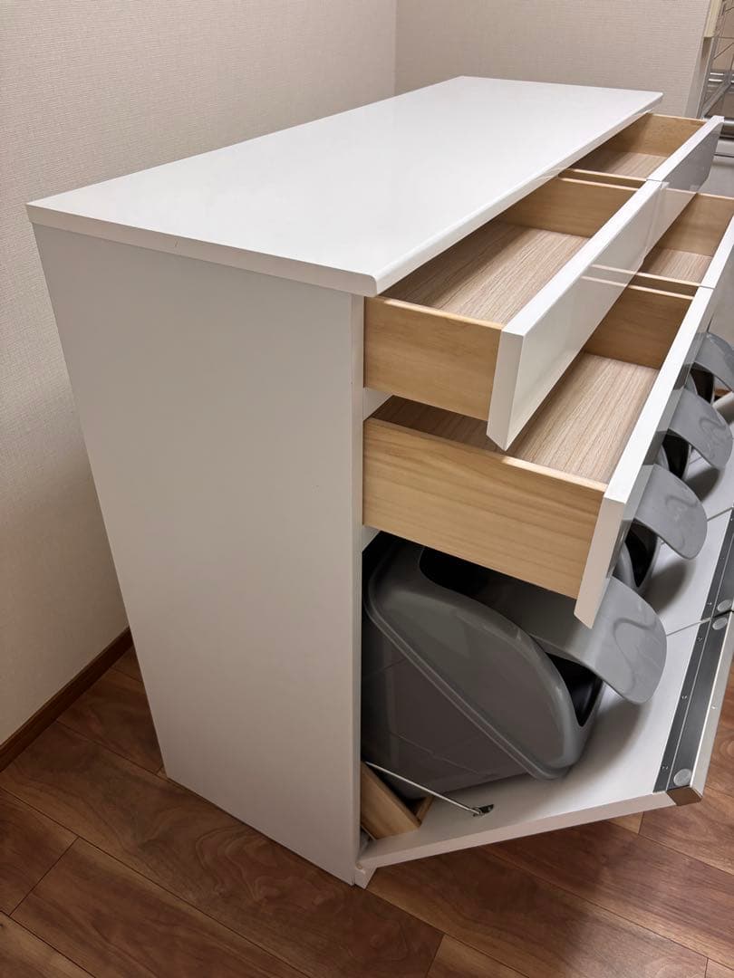 送料込み！【ゴミ箱＆食器棚】ホワイト収納キャビネット 引き出し・扉付き