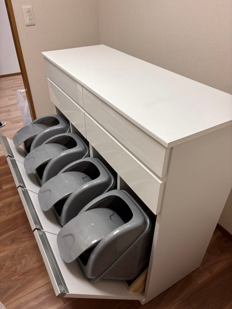 送料込み！【ゴミ箱＆食器棚】ホワイト収納キャビネット 引き出し・扉付き