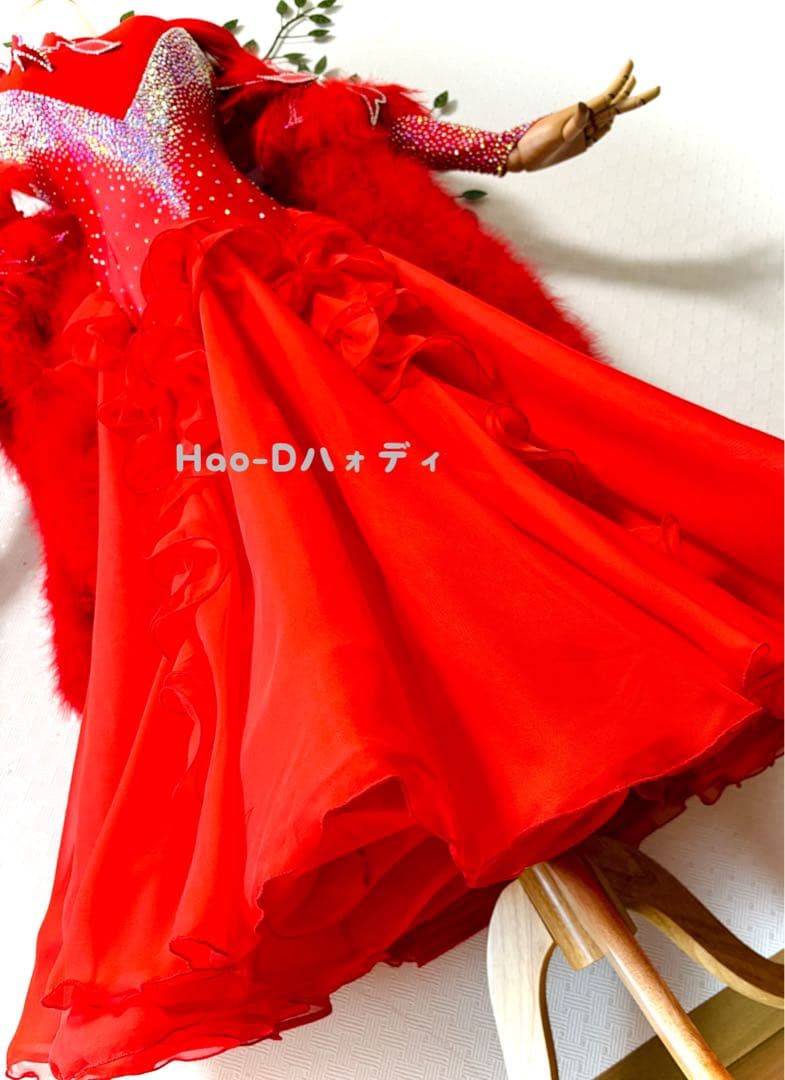新品★ダンスドレス★スタンダード★社交ダンス★競技会★パーティー★赤★ファー