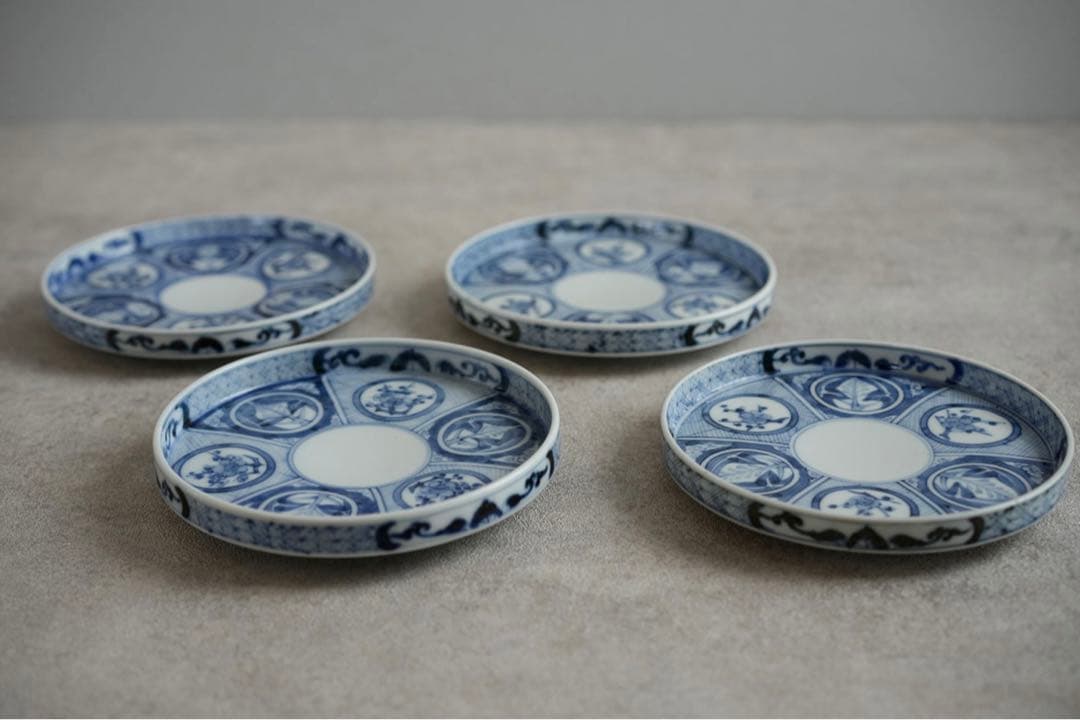 染付 5寸 切立 プレート 4枚 銘々皿 中皿 伊万里焼