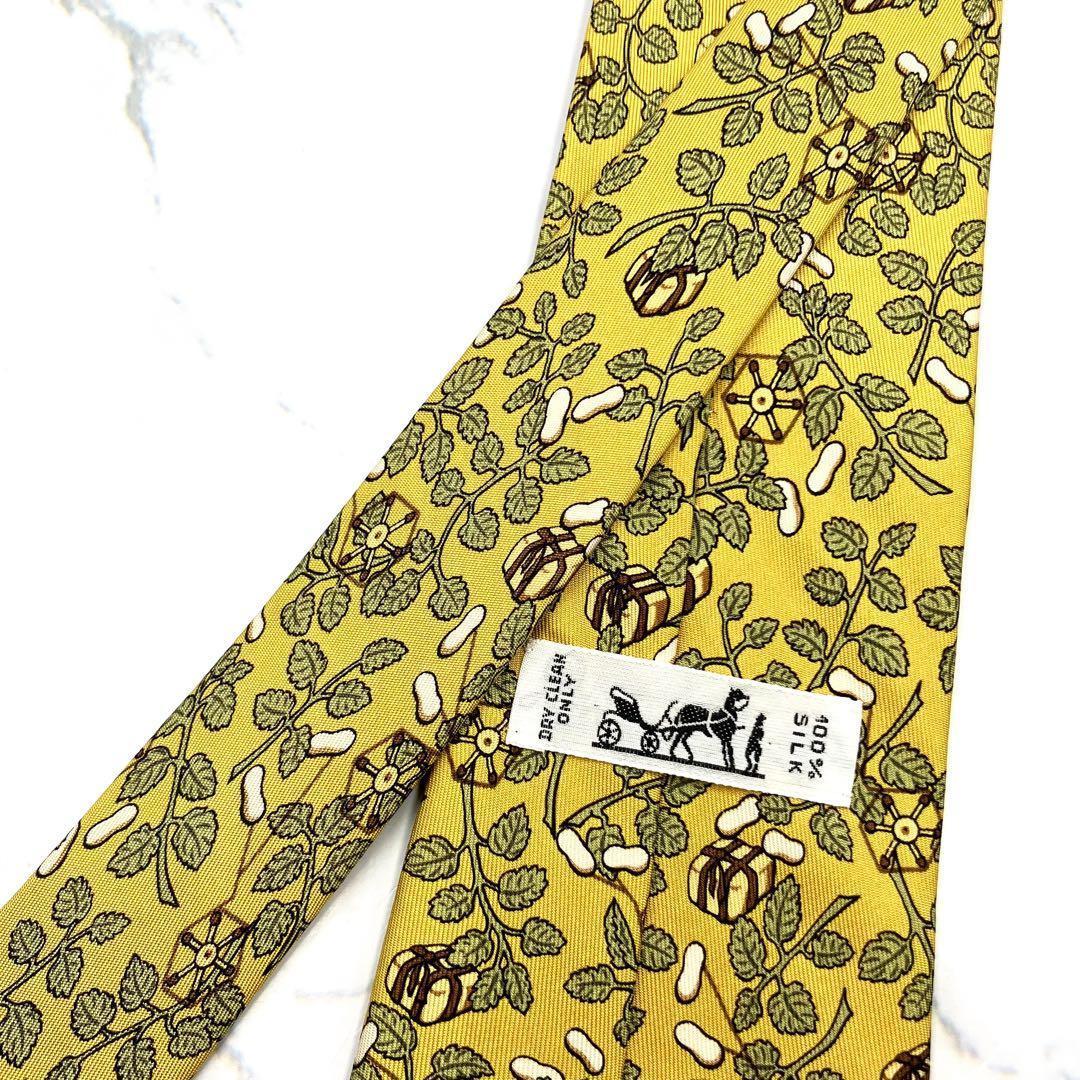 ◆美品◆HERMES エルメス ネクタイ 黄色 植物柄 オシャレ