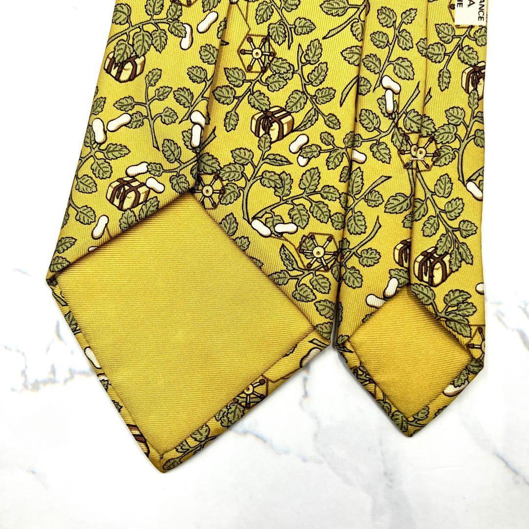 ◆美品◆HERMES エルメス ネクタイ 黄色 植物柄 オシャレ